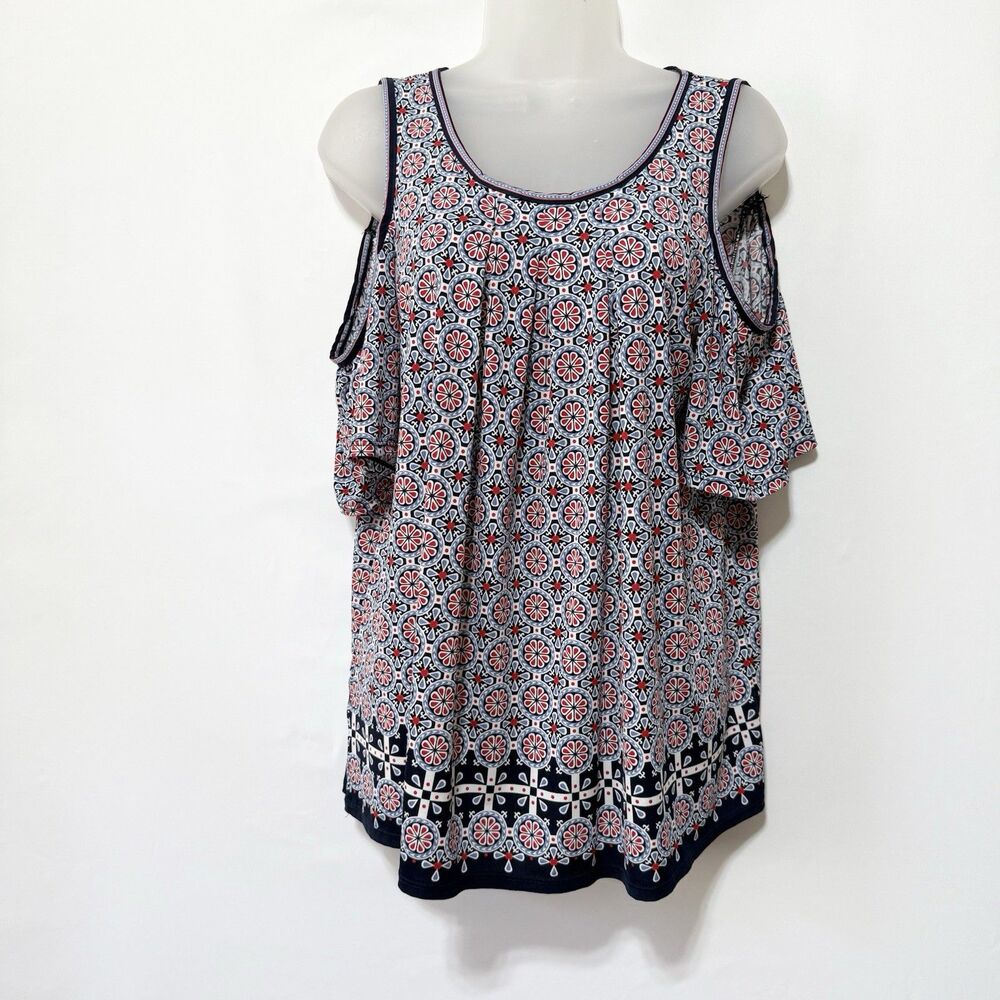 Max Studio Blue Red Cold Shoulder Short Sleeve Top Size L Beach Summer